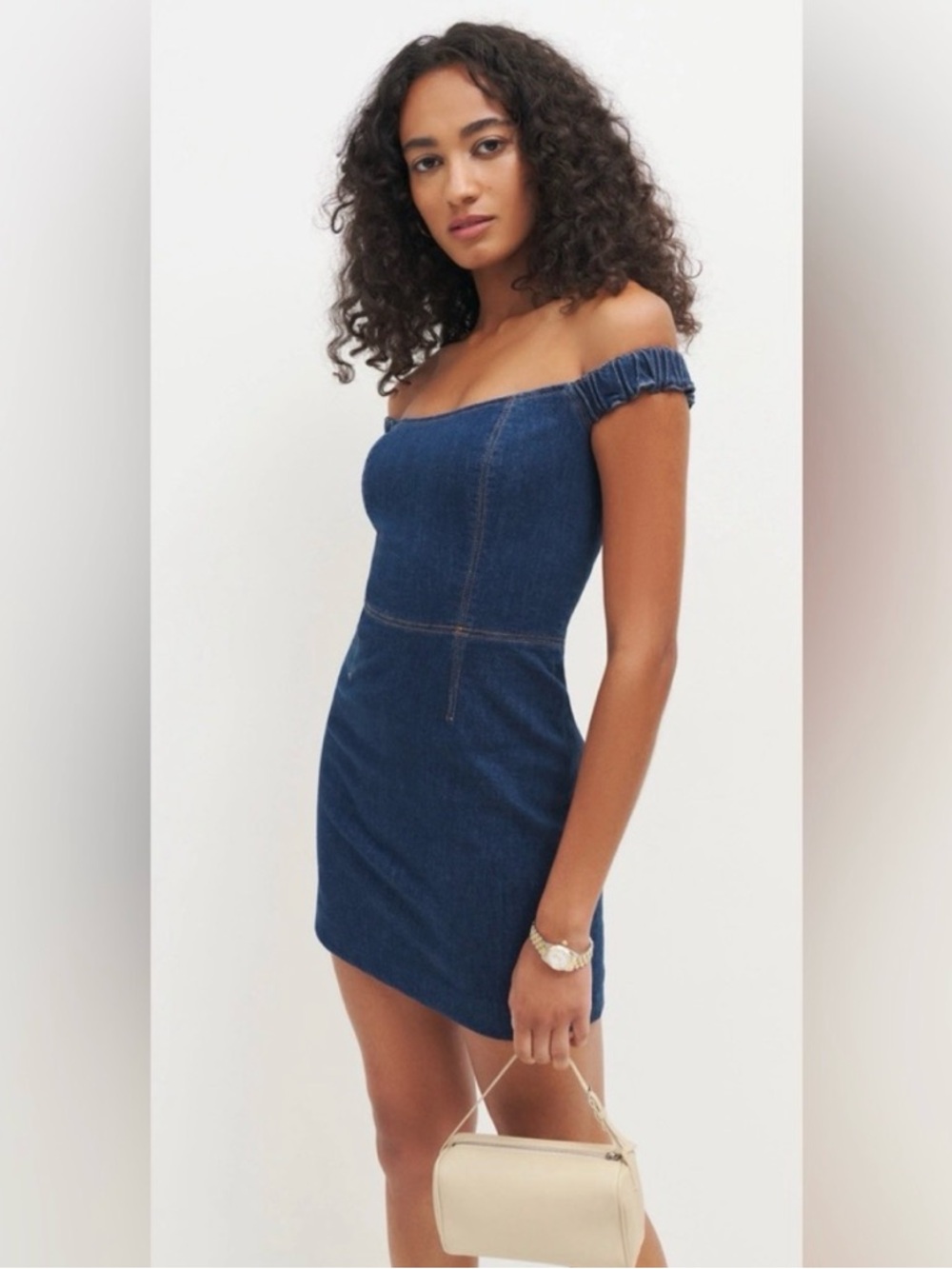Reformation Filis Off Shoulder Denim Mini Dress Size 0